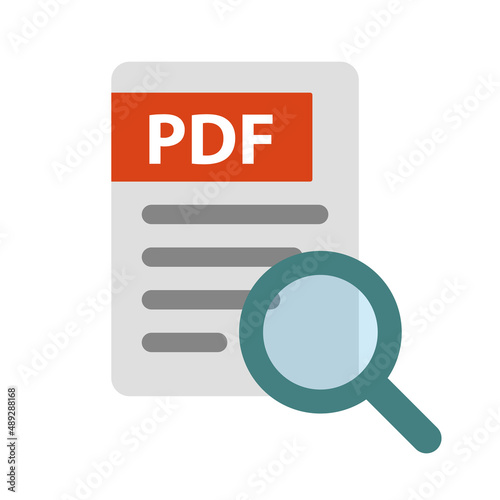 PDF document checking. Business document verification. pdf icons and magnifying glass icons. Vectors.