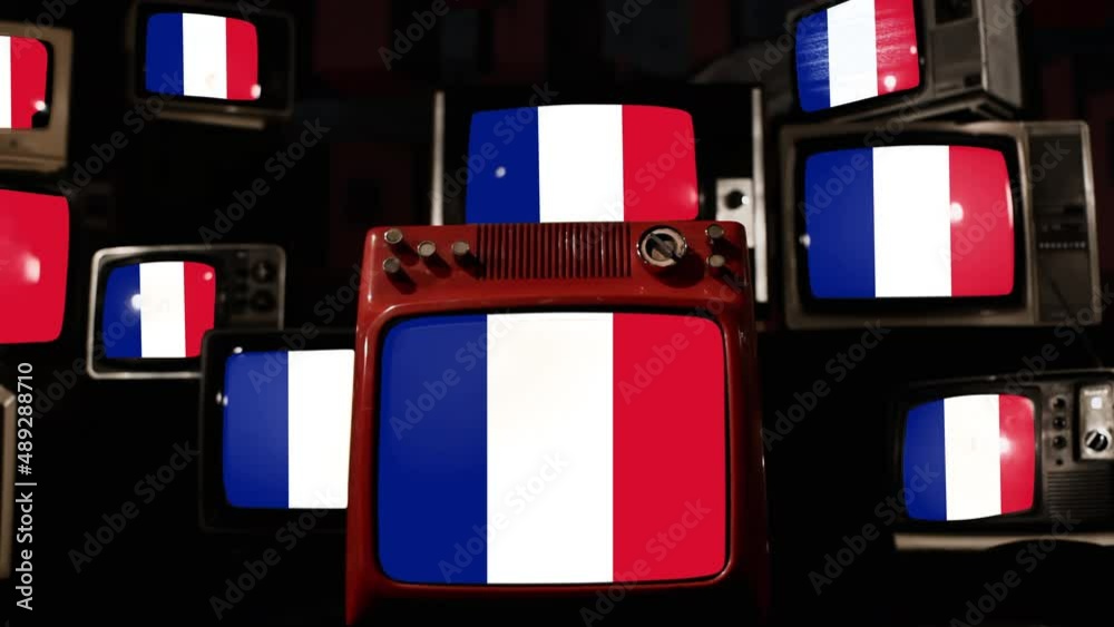 The National Flag of France and Vintage Televisions. 4K Resolution.
