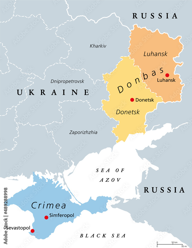 Donbas area and Crimea, Ukraine political map. The disputed areas Crimea peninsula on the coast of Black Sea, and the Donbass region, formed by Luhansk Oblast and Donetsk Oblast. Illustration. Vector.