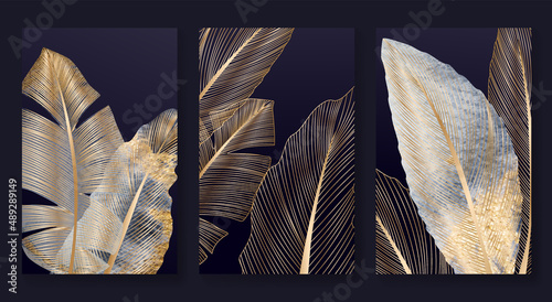 Luxury black and white background with golden feathers. Stylish art design in the art line for interior design, decor, wallpaper