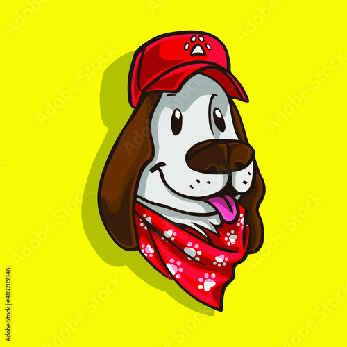 illustration of happy dog and big ears with red bandana and cap with paws and green stripe for texts with blue background