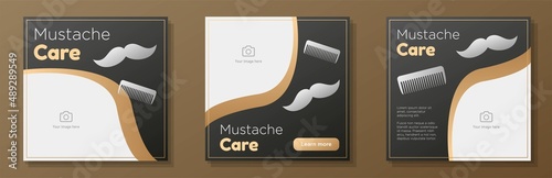 Mustache care social media post, banner set, barbershop trimming advertisement concept, facial brush equipment marketing square ad, abstract print, isolated on background