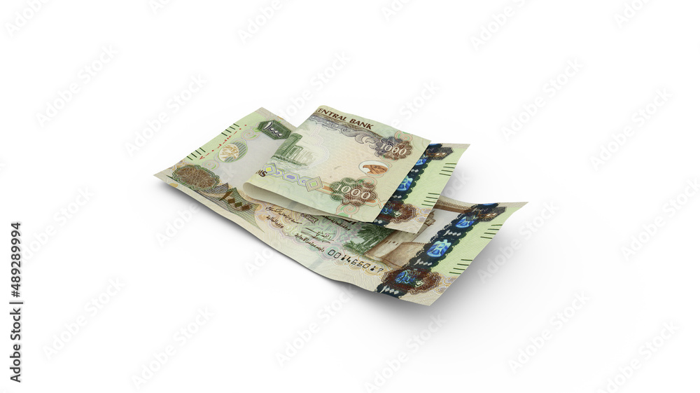 3D rendering of Double 1000 United Arab Emirates dirham notes isolated on white background 3D rendering of Double 1000 United Arab Emirates dirham notes isolated on white background