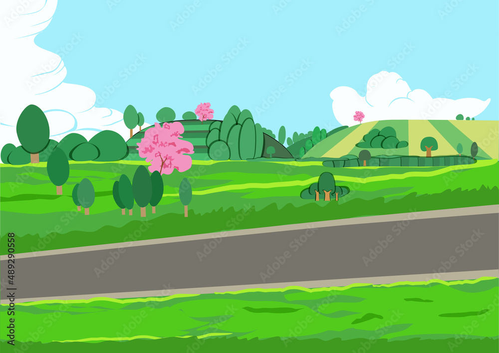 Pastoral scenery in sunny weather and illustration of asphalt road