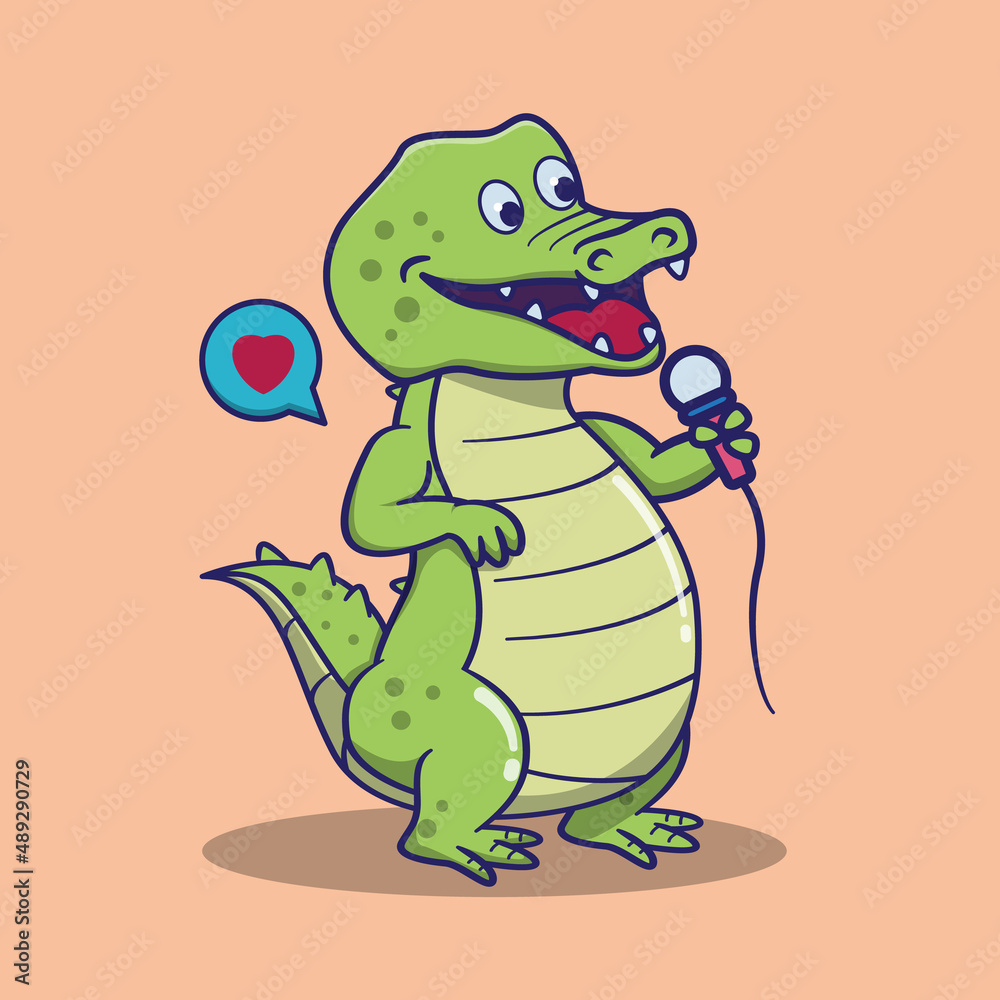 Obraz premium cute crocodile singing, suitable for children's books, birthday cards, valentine's day, stickers, book covers, greeting cards, printing. 