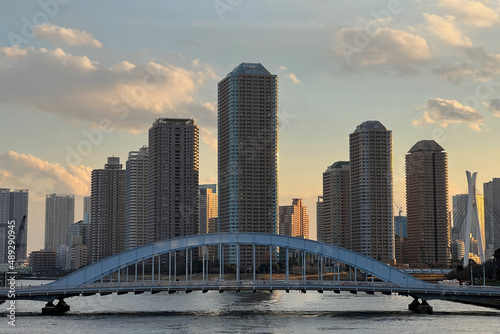 永代橋とタワーマンション群。夕方に東京・隅田川大橋から撮影 photo