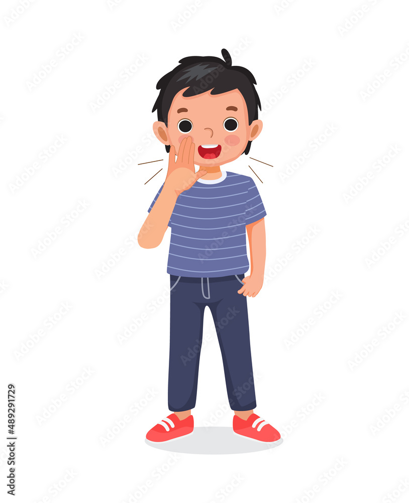 cute little child boy shouting and screaming loud with hands near his mouth cute little child boy shouting and screaming loud with hands near his mouth