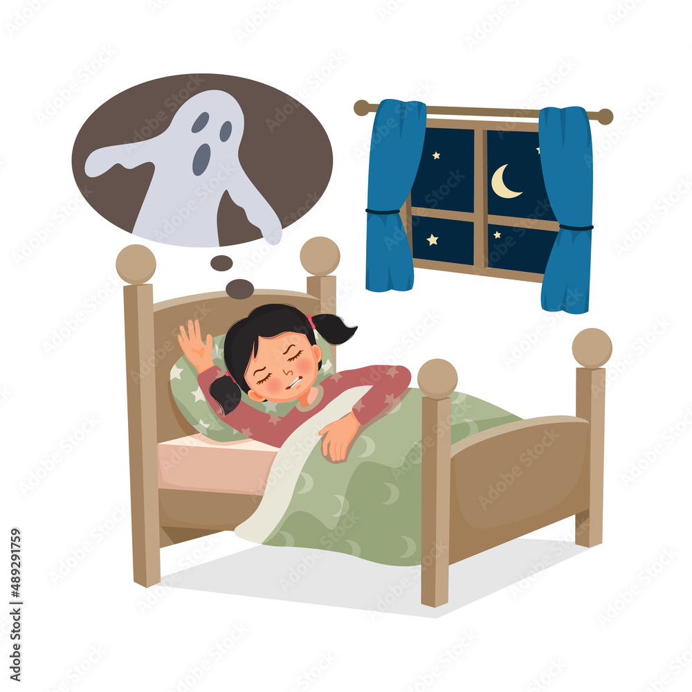 cute little girl having a nightmare bad dream sleeping at night Stock