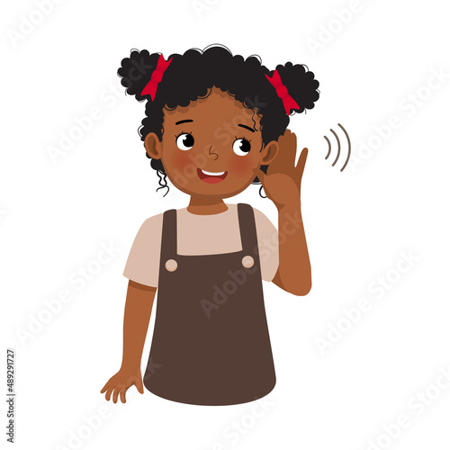 cute little African child girl with hearing problem try listening attentively by putting her hand to ear