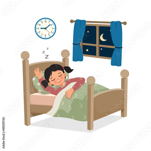 cute little child girl sleeping good night in bed at home 