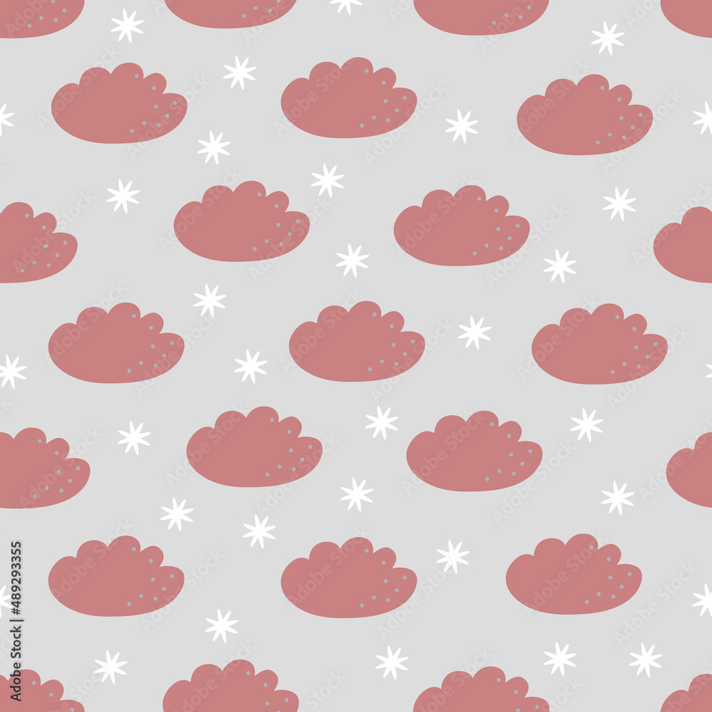 Hand drawn seamless pattern with cute clouds, stars, snowflakes on a gray background.