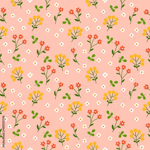 Seamless Pattern of Hand Drawn Flowers on White Background © Anchalee