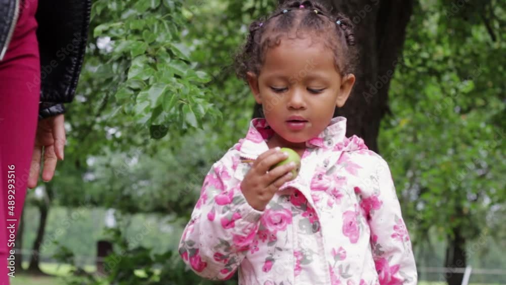 Close up of cute African child in pink eats green pear, pan left, day