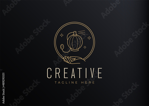 Feminine Perfume Logo Design Template. Beauty Perfume Icon Line Art Vector