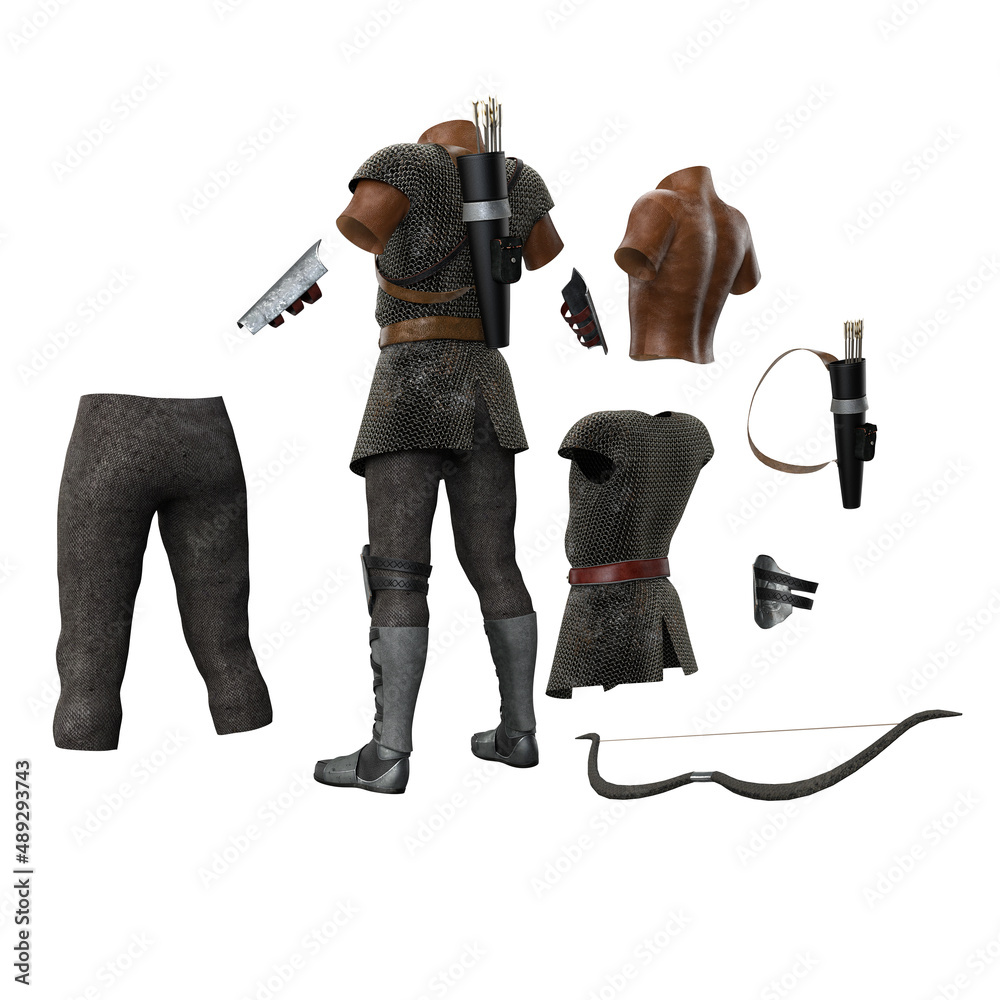 Fantasy adventure clothing on isolated back white background, 3D