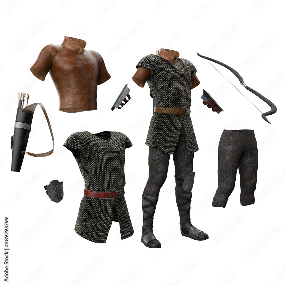 Fantasy adventure clothing on isolated back white background, 3D