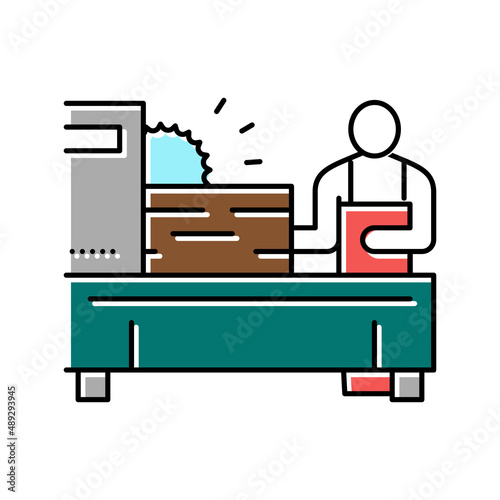 worker cutting wooden timber with sawmill machine color icon vector illustration