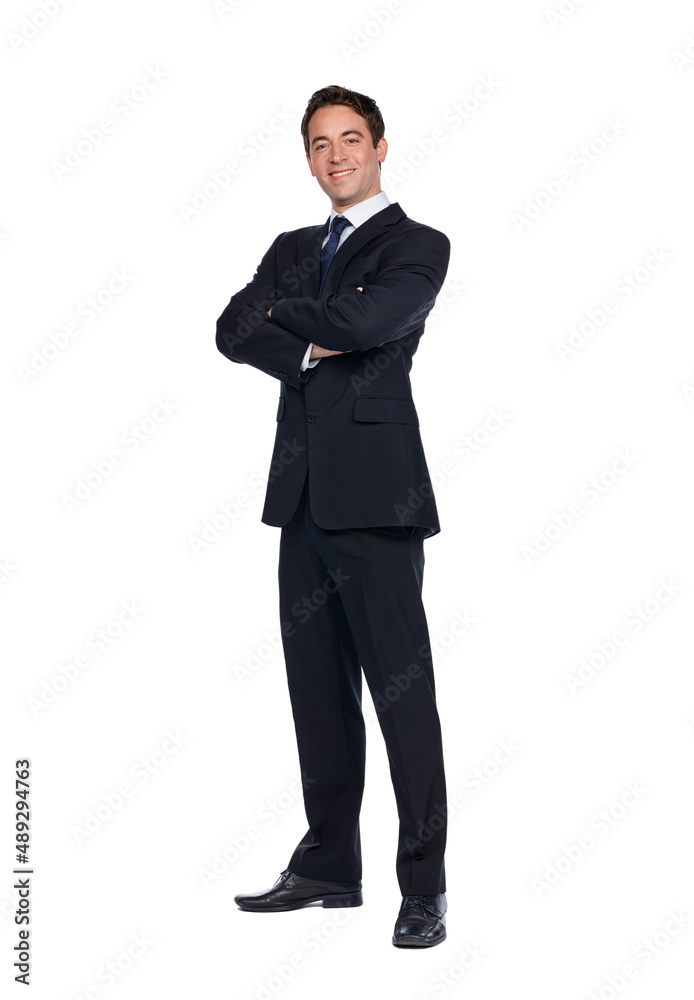 Hes moving up in the corporate world. Studio portrait of a well-dressed businessman isolated on white. Hes moving up in the corporate world. Studio portrait of a well-dressed businessman isolated on white.