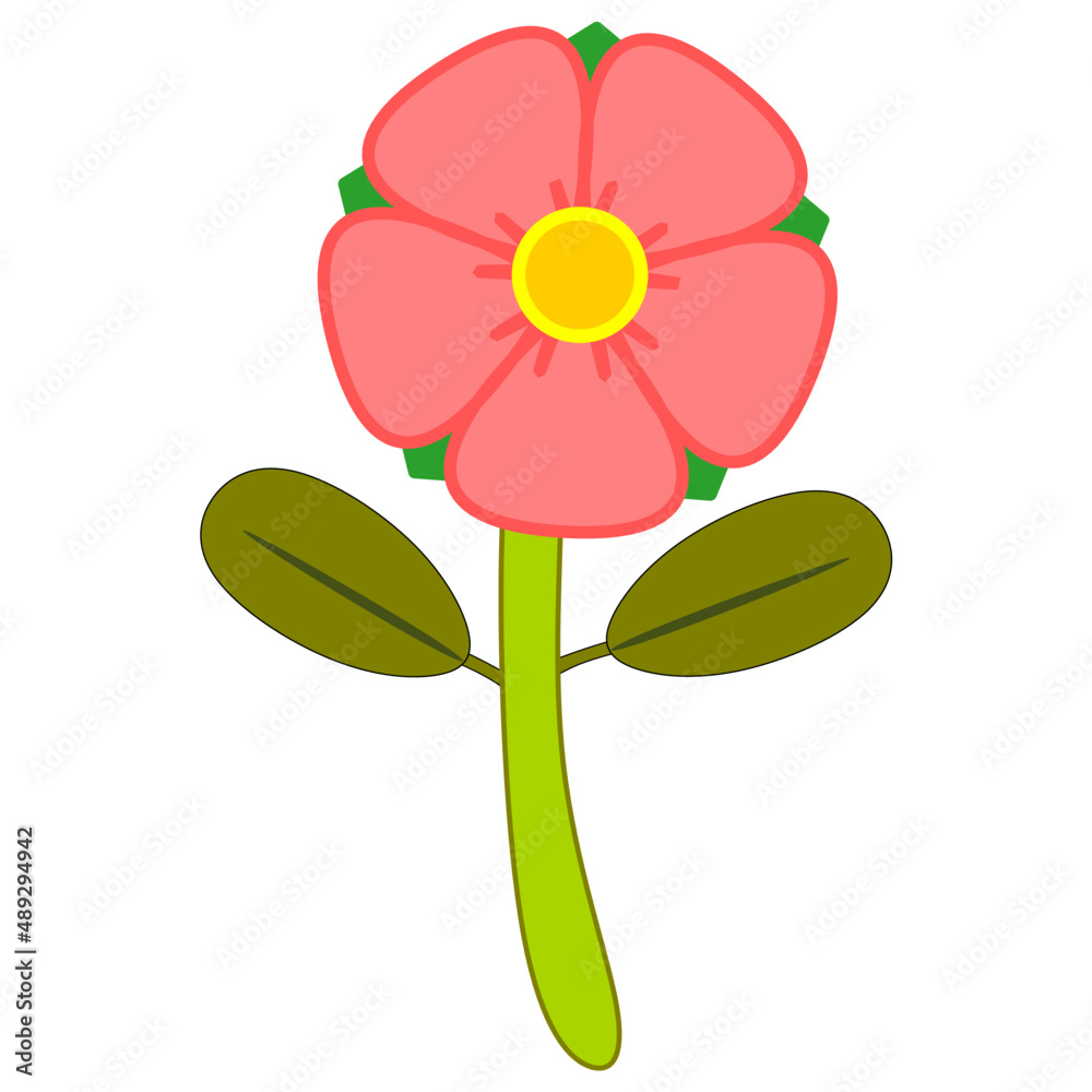 Pink flower with green leaves symbol isolated on white background, vector illustration Pink flower with green leaves symbol isolated on white background, vector illustration