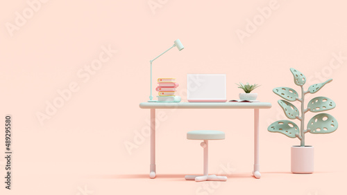 Pink laptop on green work desk with plant on the side. Designed in pastel tones, 3D Render.