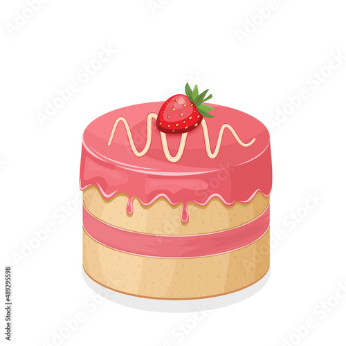 Tort z różowym kremem i truskawką. Uroczy deser. Ciasto urodzinowe. Wektorowa ilustracja na kartkę urodzinową. Słodkie jedzenie, kolorowy pyszny deser na przyjęcie.