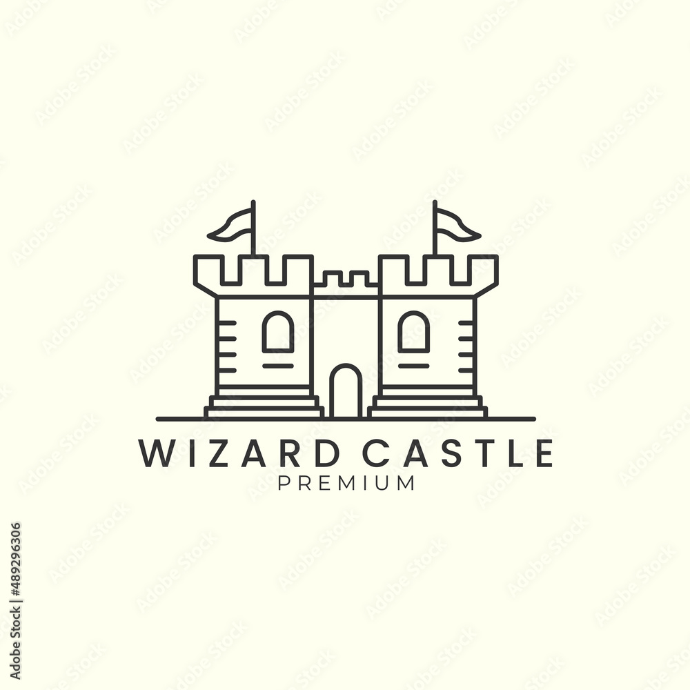 wizard castle with line style logo icon template design. fantasy, world, star, moon vector illustration