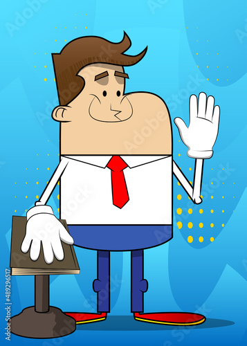 Simple retro cartoon of a businessman raising his hand and put the other on a holy book. Professional finance employee white wearing shirt with red tie.