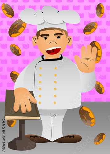 Fat male cartoon chef in uniform raising his hand and put the other on a holy book. Vector illustration.