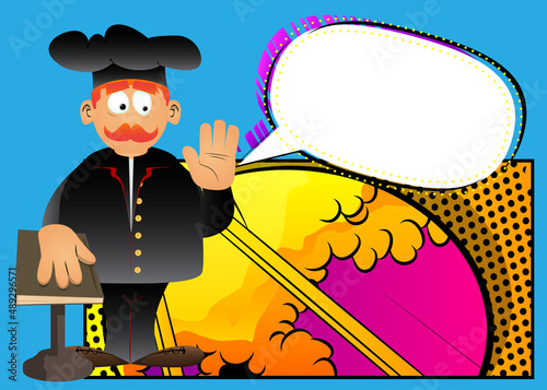 Fat male cartoon chef in uniform raising his hand and put the other on a holy book. Vector illustration.