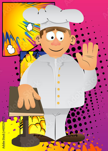 Fat male cartoon chef in uniform raising his hand and put the other on a holy book. Vector illustration.