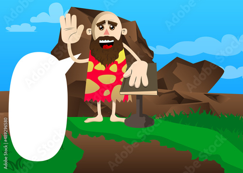 Cartoon prehistoric man raising his hand and put the other on a holy book. Vector illustration of a man from the stone age.