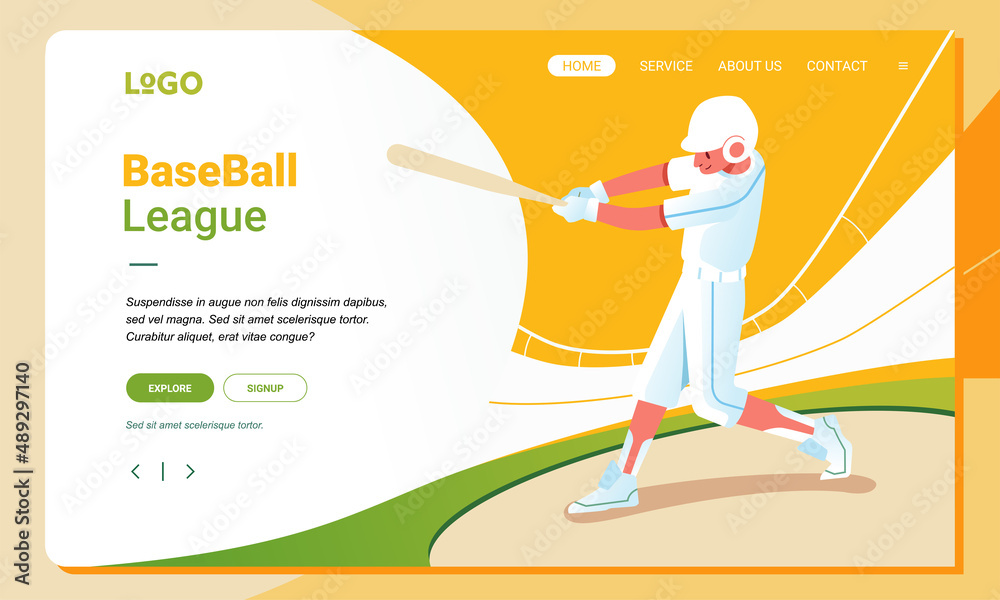 landing page illustration of baseball player in the stadium, website design template for baseball sports