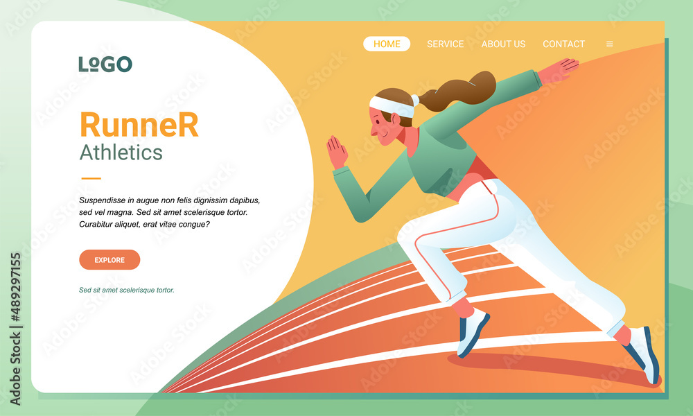 landing page template illustration, a female athlete is running with all her might on a running track vector illustration