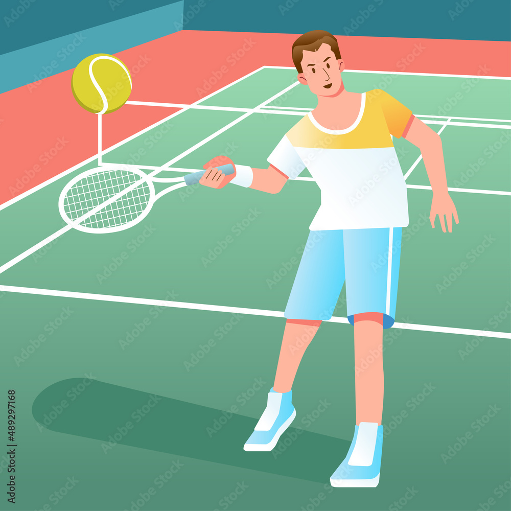 men hitting the tennis ball, playing tennis in the court flat vector illustration