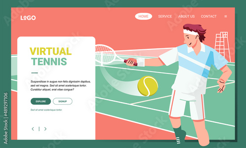 colorful modern Tennis match hero image illustrated by young man playing tennis, hitting the ball with racket on the court