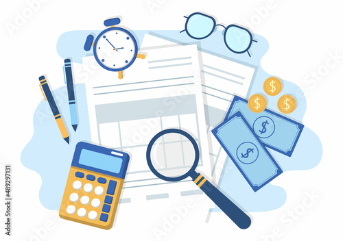 Tax Form of State Government Taxation with Forms, Calendar, Audit, Calculator or Analysis to Accounting and Payment in Flat Background Illustration