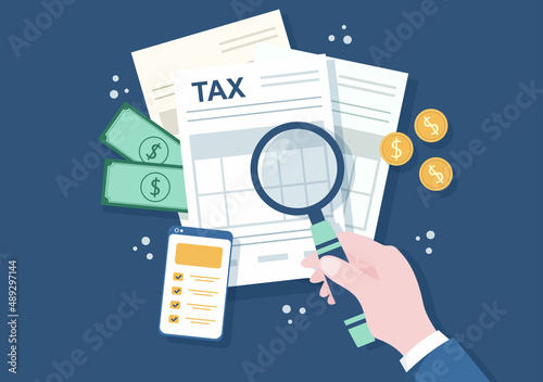 Tax Form of State Government Taxation with Forms, Calendar, Audit, Calculator or Analysis to Accounting and Payment in Flat Background Illustration