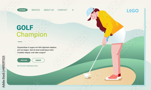 young woman playing golf and ready to put the ball in the hole modern landing page image illusstration photo