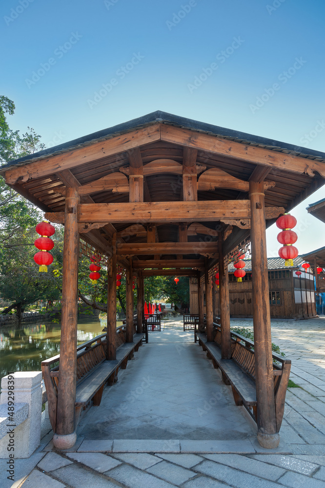 Wooden long corridor in a Chinese traditional architecture Park,Fuzhou,Fujian,China Wooden long corridor in a Chinese traditional architecture Park,Fuzhou,Fujian,China