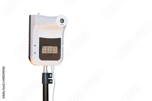 Infrared Thermometer or Handheld Digital Thermometer stand isolated on white background with clipping path and Copy space for text