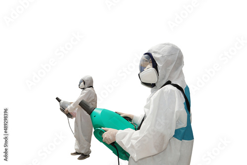 Man in a protective hazmat suit  and mask isolated on white with clipping path Disinfecting spray anti-Corona virus, spraying disinfectant chemicals concept