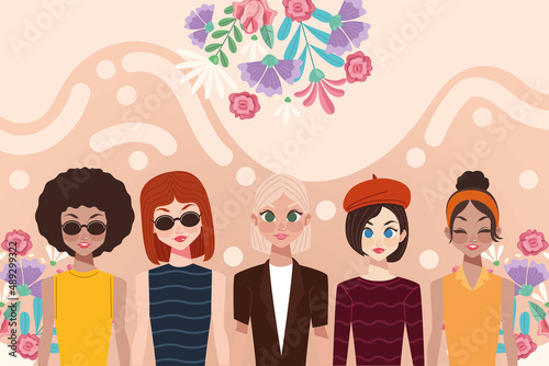 five women group in garden