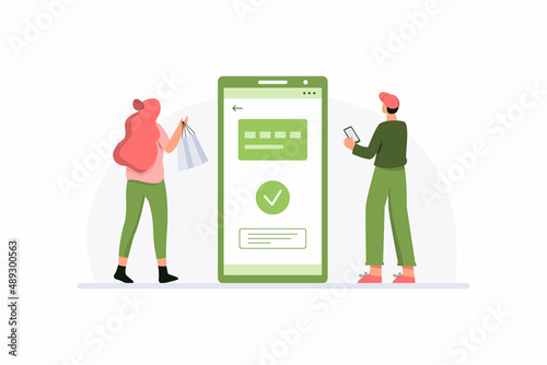 Online payment concept with a couple having successfully transaction after shopping