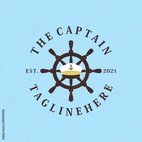Captain's hat logo. Ship steering wheel icon. Wooden wheel steering logo. Old concept design. Retro vintage. Vector illustration template design photo