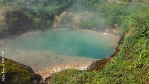 Turquoise hot lake in the Valley of Geysers. Steam over the water. There is lush green vegetation on the banks. Kamchatka