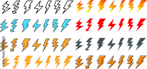 Set Of Thunder bolt icons vector illustration. Electric power thunderbolt, lightning bolt icon, dangerous sign 