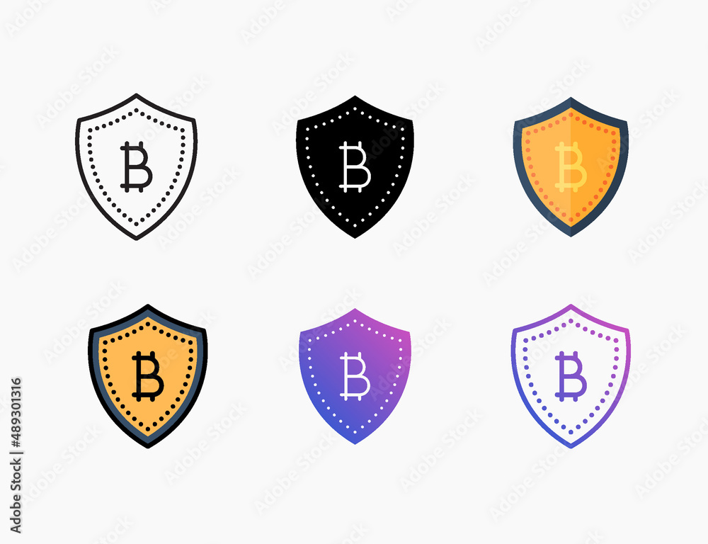Protection Bitcoin with shield icon set with different styles. Style line, outline, flat, glyph, color, gradient. Editable stroke and pixel perfect. Protection Bitcoin with shield icon set with different styles. Style line, outline, flat, glyph, color, gradient. Editable stroke and pixel perfect.