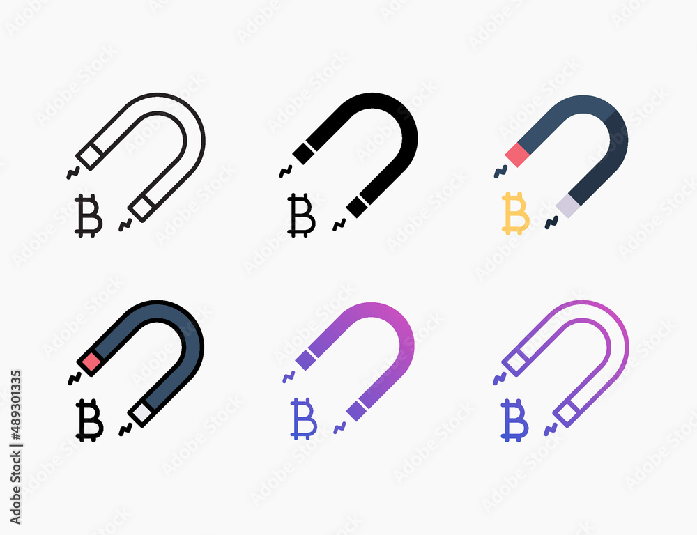 Magnet Bitcoin icon set with different styles. Style line, outline, flat, glyph, color, gradient. Editable stroke and pixel perfect.