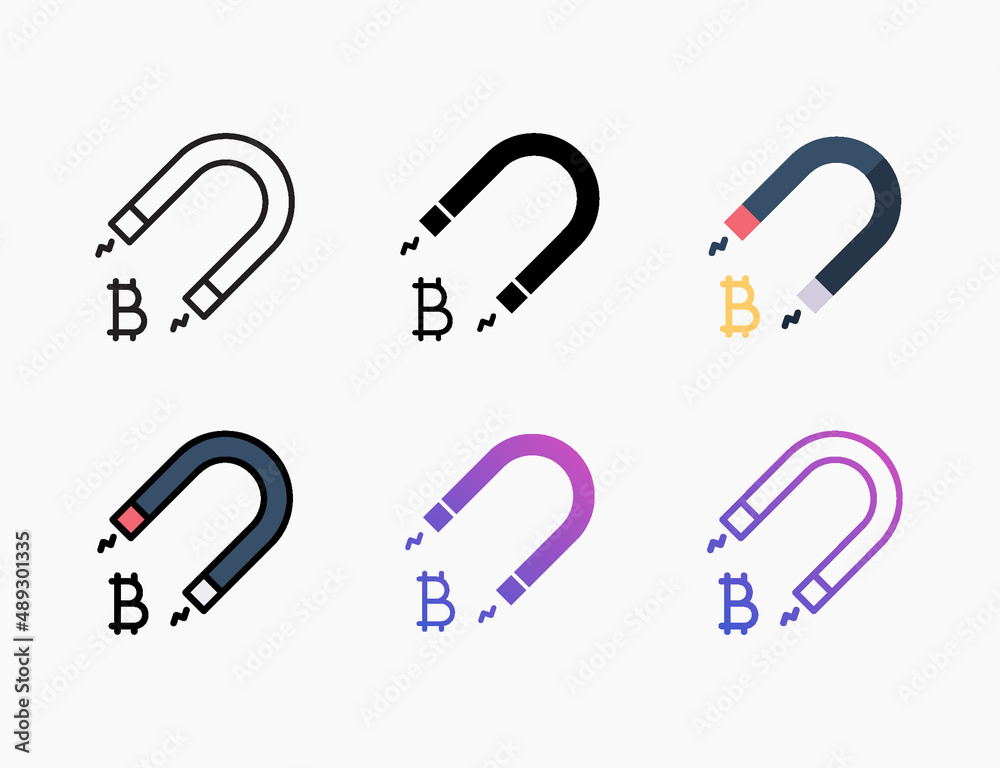Magnet Bitcoin icon set with different styles. Style line, outline, flat, glyph, color, gradient. Editable stroke and pixel perfect. Magnet Bitcoin icon set with different styles. Style line, outline, flat, glyph, color, gradient. Editable stroke and pixel perfect.