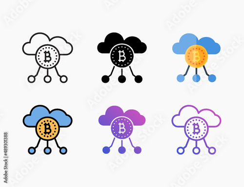 Bitcoin server cloud icon set with different styles. Style line, outline, flat, glyph, color, gradient. Editable stroke and pixel perfect.
